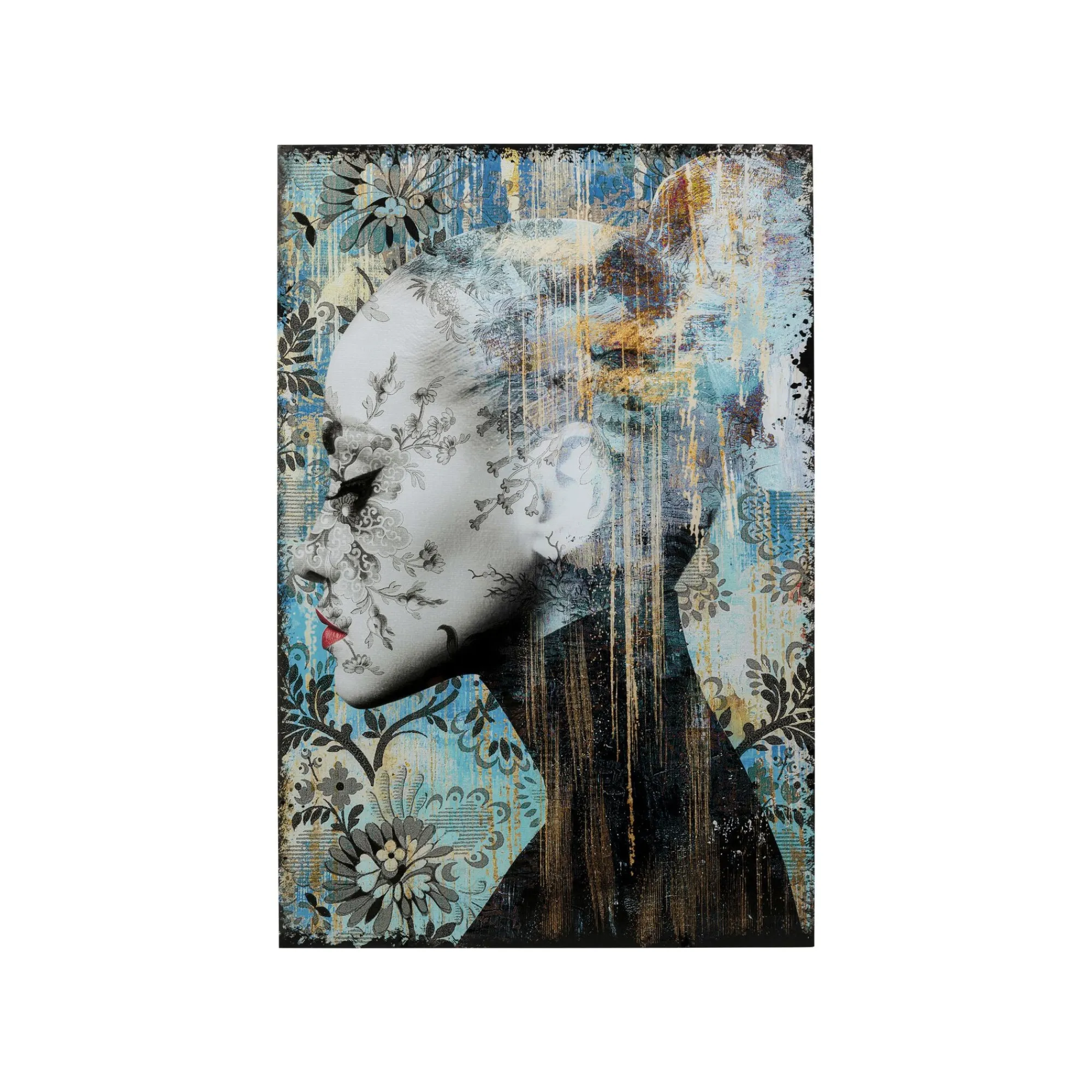 KARE Design Tableau En Verre Bleu Femme Profil Fleurs 100x150cm ^ Tableau