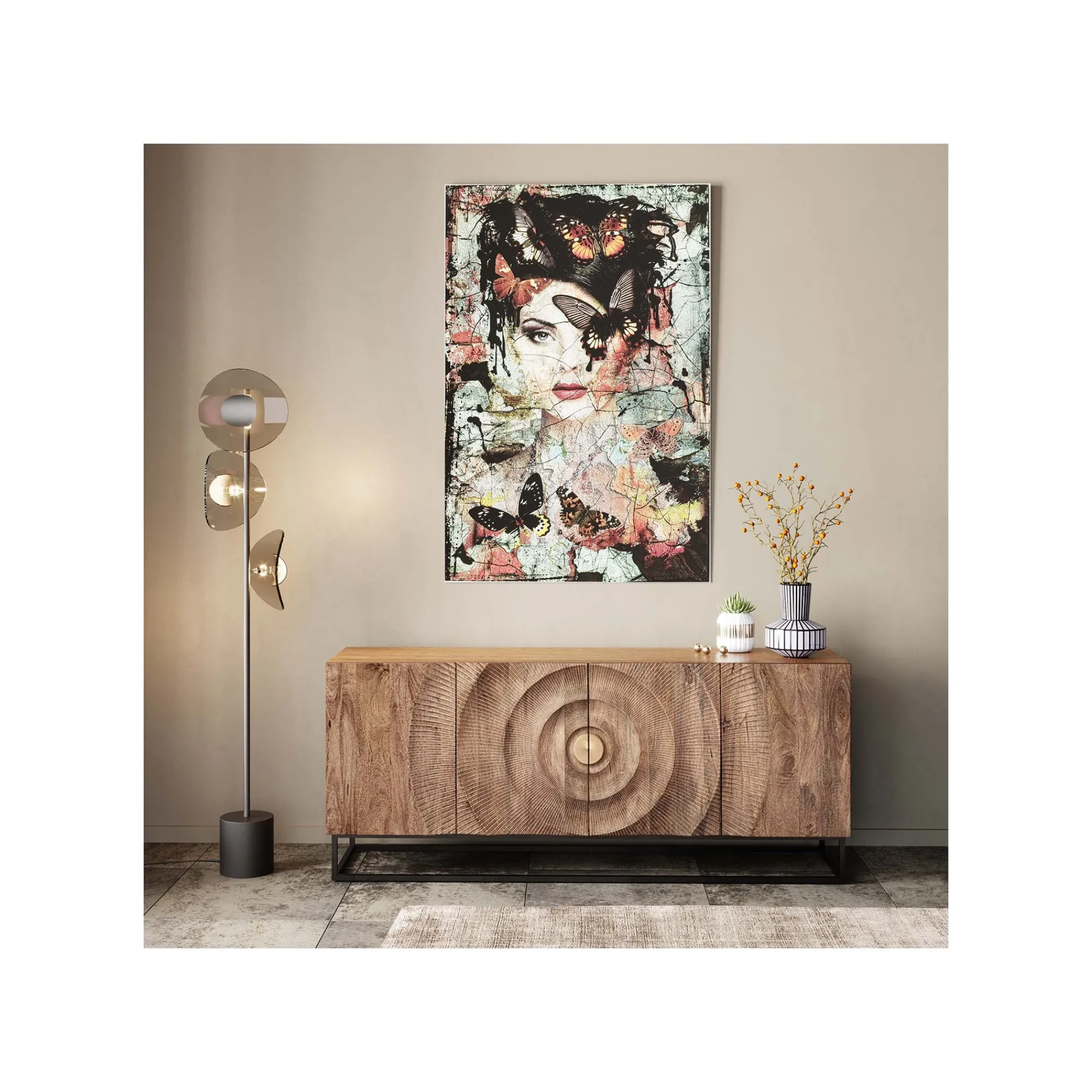 KARE Design Tableau En Verre Femme Papillons Effet Brisé 100x150cm ^ Tableau